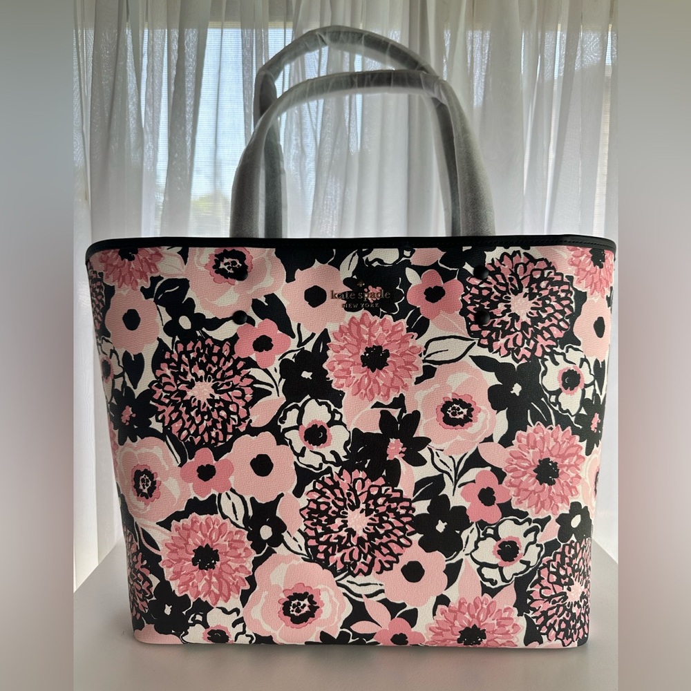 ♠️ NWT Kate Spade Floral Tote in Pink and Black Dhalia pattern w/matching wallet - Picture 3 of 7